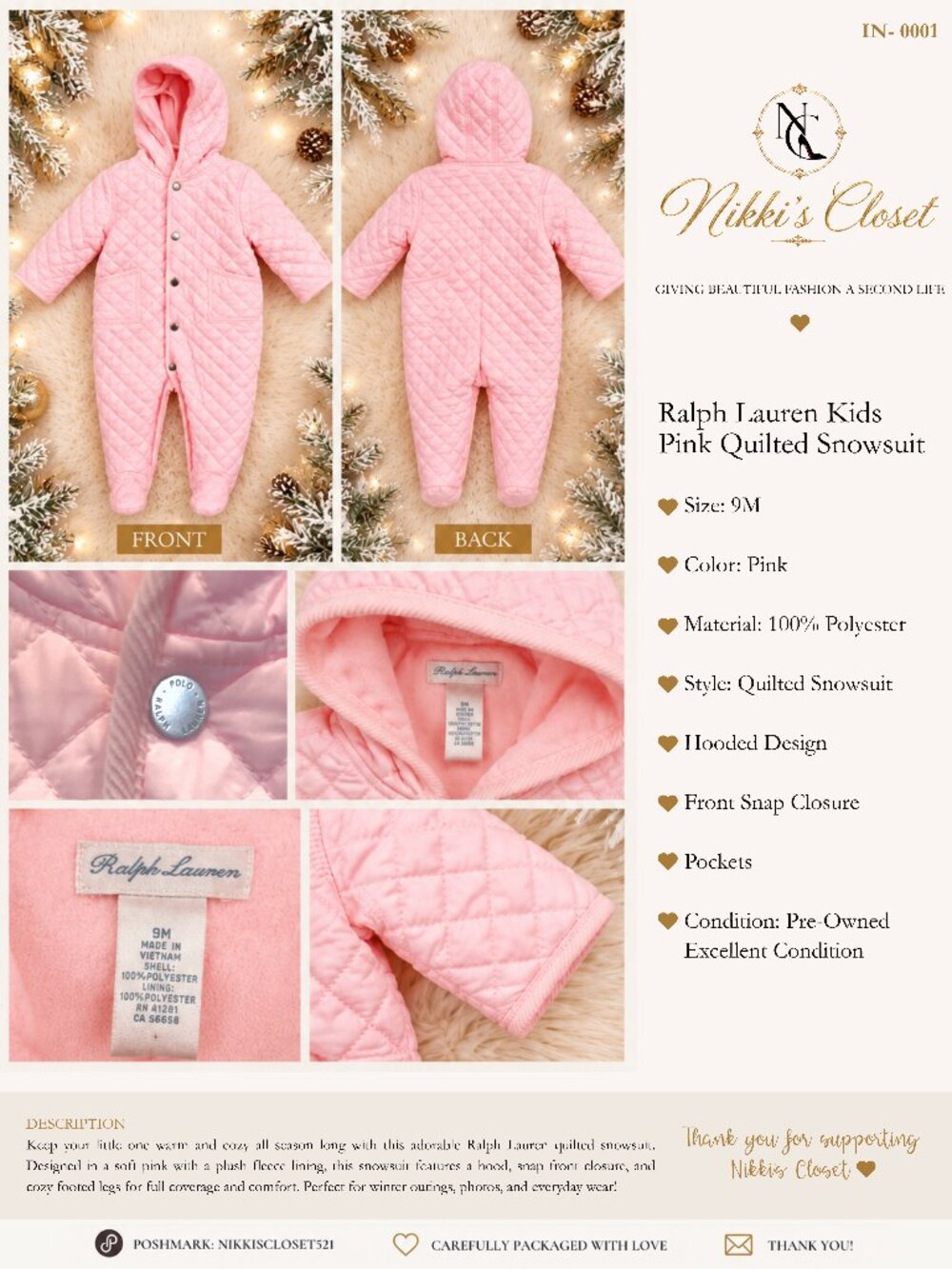 Ralph Lauren Baby Pink Quilted Hooded Snowsuit | 9M